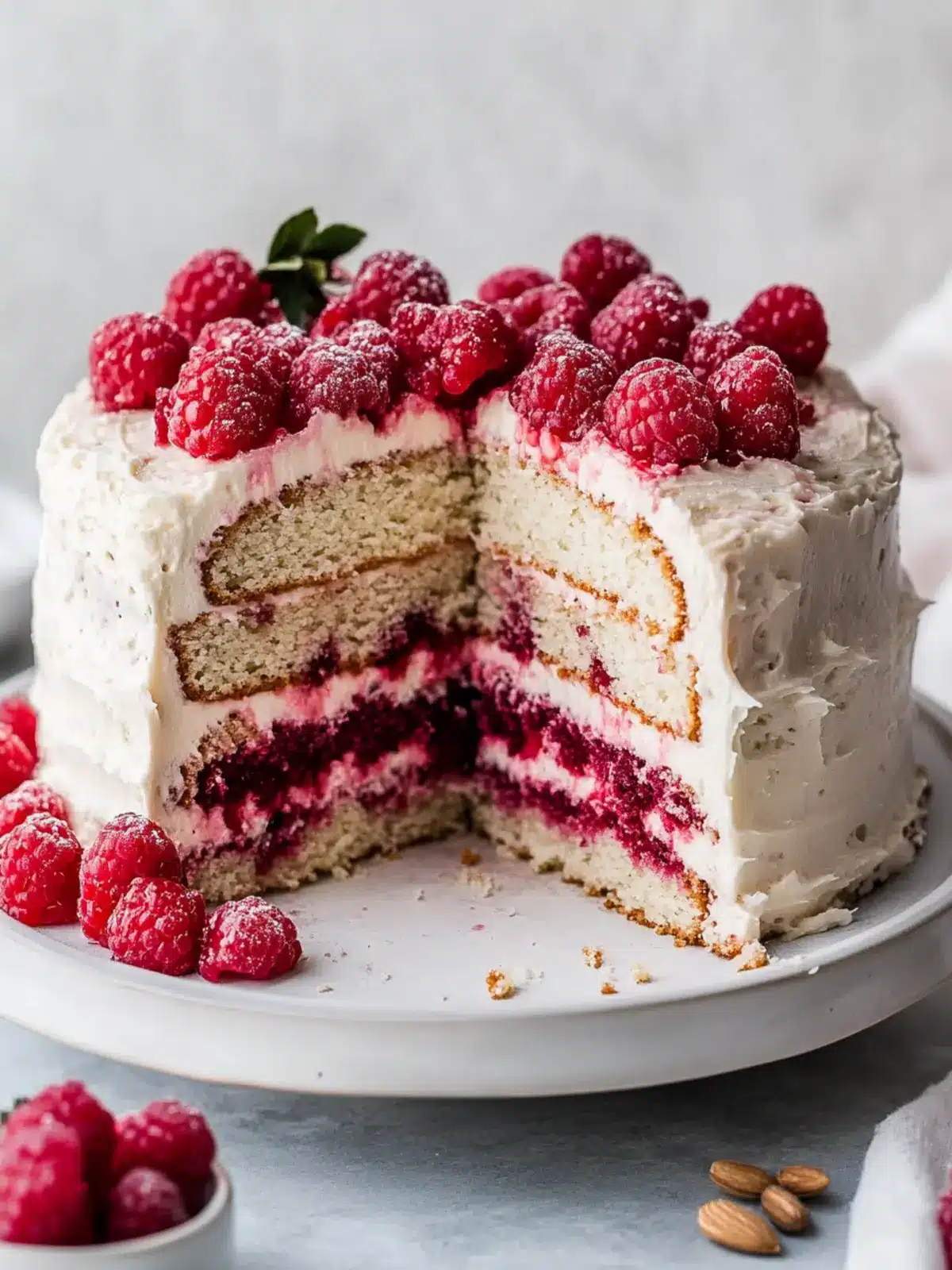 Mouthwatering Almond Raspberry Cake with Vegan Cream Frosting Almond Raspberry Cake