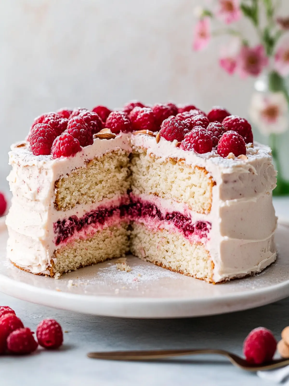 Mouthwatering Almond Raspberry Cake with Vegan Cream Frosting Almond Raspberry Cake