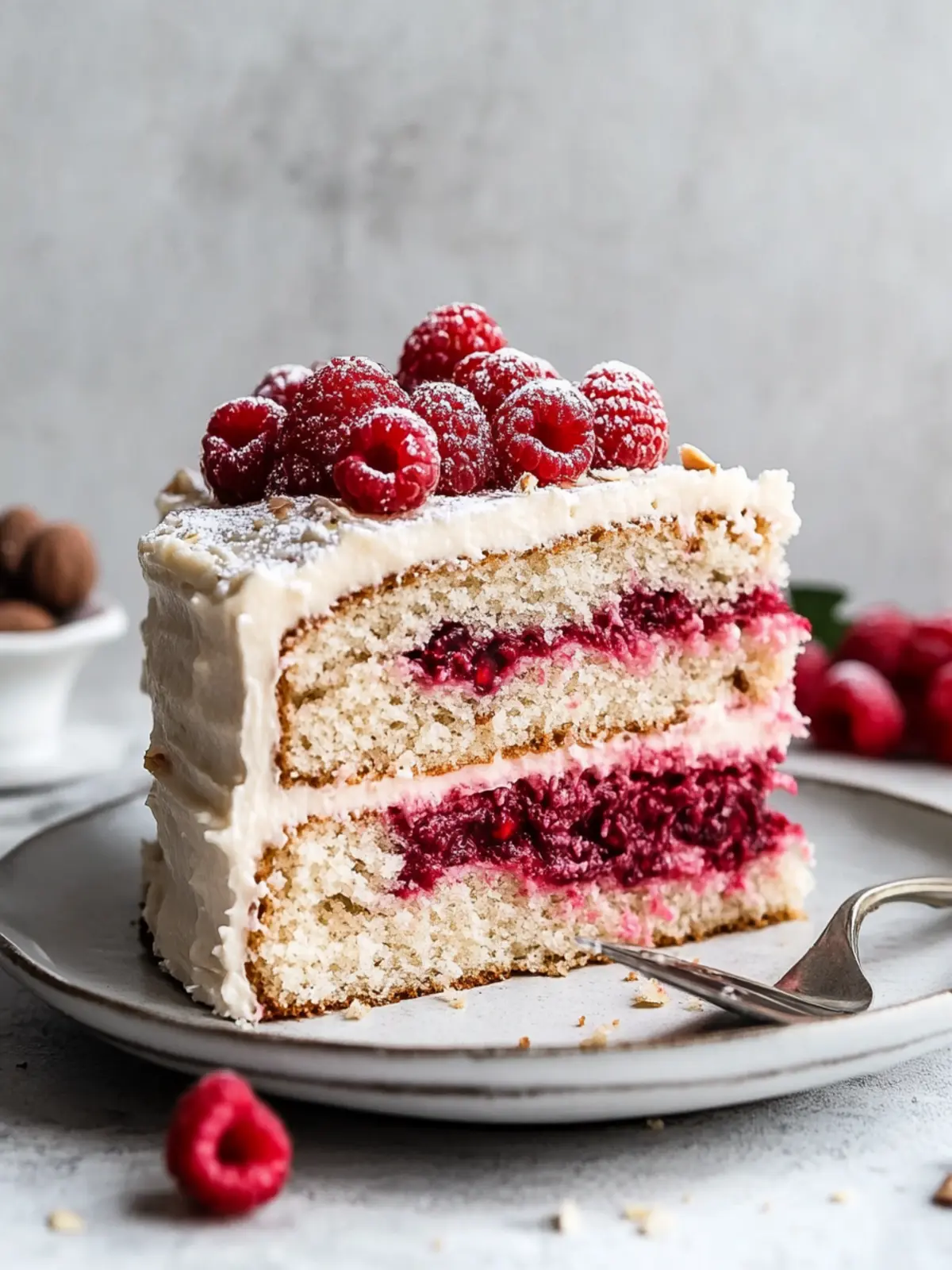 Mouthwatering Almond Raspberry Cake with Vegan Cream Frosting Almond Raspberry Cake